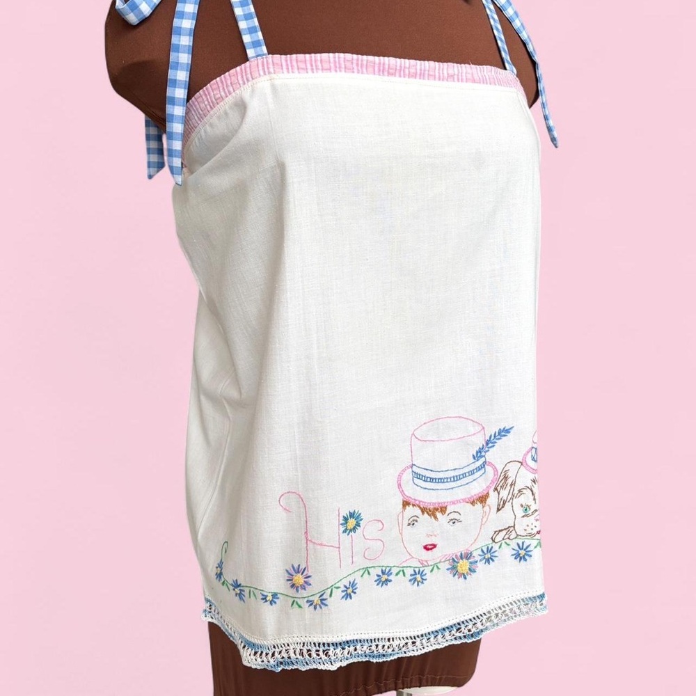Handmade Embroidered Pillowcase Gingham Ribbon Strap Camisole w/Puppy
